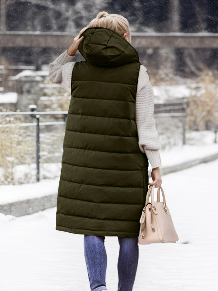 Winter Warmth Puffer Vest - Soft Solid Color Sleeveless Hooded Long Vest for Women - Cozy Outwear for Cold Weather