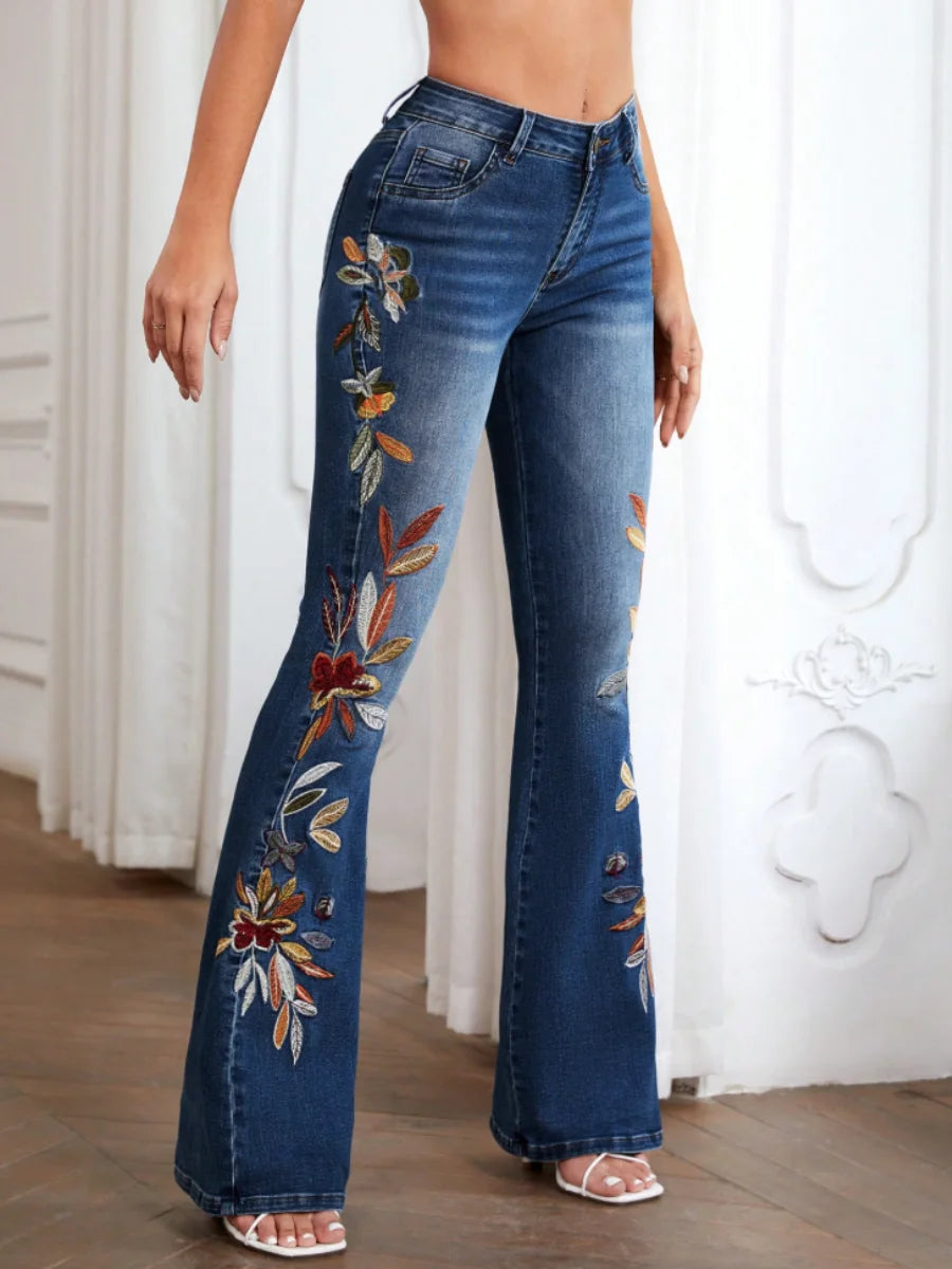 【HME】Women's Bohemian Mid-Waist High-Waisted Stretch Bell-Bottom Jeans - Floral Print & Multicolor Boho-Embroidery