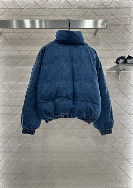 2025 Winter New Jennie STYLE Cowboy Stand up Collar Snap Down Jacket Twill Cotton Denim Down Filling 394