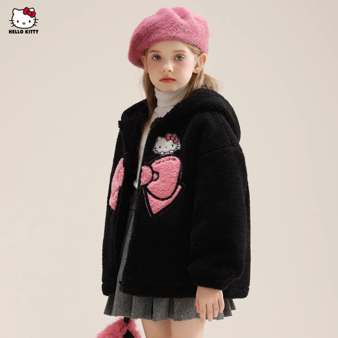 Sanrio Hello Kitty Girls' Thickened Fleece Jacket with Butterfly Design, Autumn and Winter Warm Loose Style - Versatile and Vers