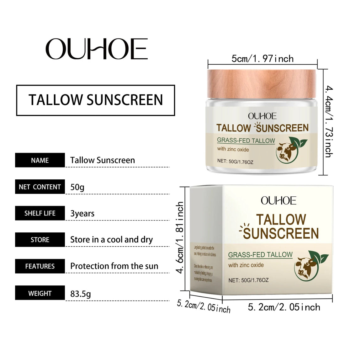 Ouhoe 50g Beef Tallow Sunscreen Uv Isolation Protect Oil Control Soothe Sunburn Moisturize Face Summer Refreshing Care Sunblock Halalzen