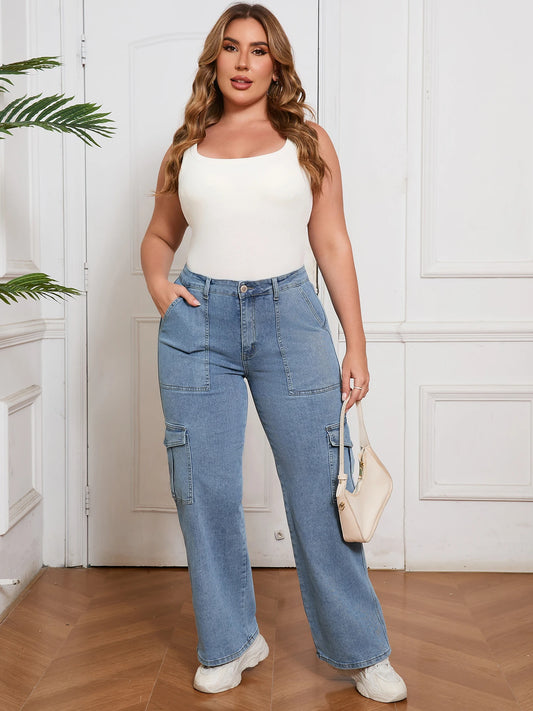 Women’s Wide Leg Loose Fit Cargo Jeans High Waist Baggy Workwear Denim Pants Casual Utility Style
