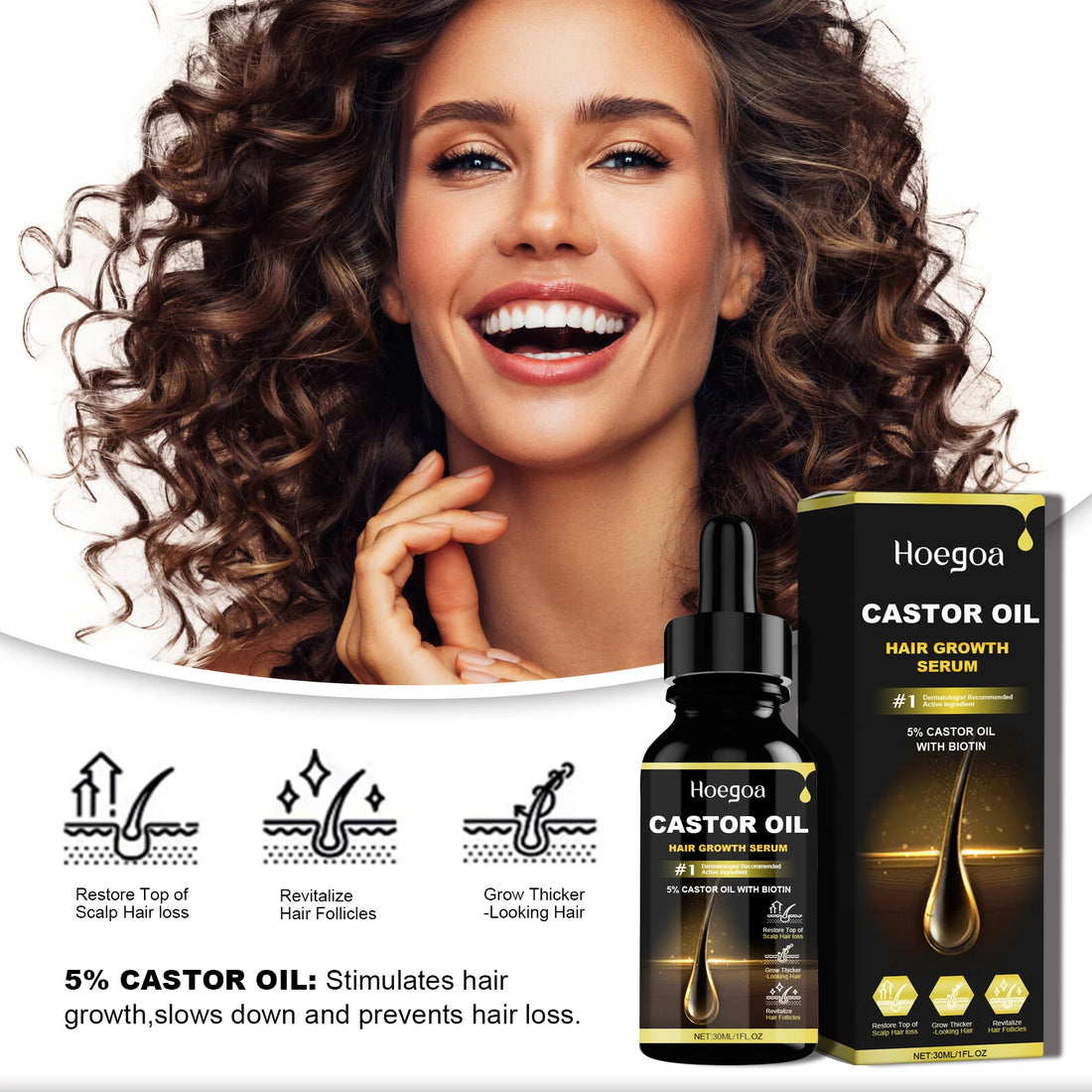 Hoegoa 30ml Castor Oil Hair Thickening Essential Oil Nourish Scalp Massage Refreshing Hair Growth Repair Smoothing Hair Care Oil