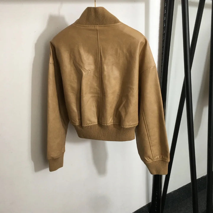 High quality autumn and winter women's short sleeved standing collar motorcycle PU leather jacket SU48