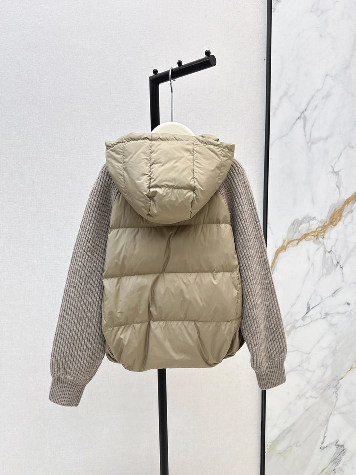 2025 höst- och vinterny damdunjacka varm stickad lapptäcke med huva lapptäcke ylleärmar dunjacka