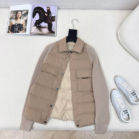2025 the new bride's winter luxury down jacket features wool knitted sleeves and a mix of high-end and fashionable brown jackets