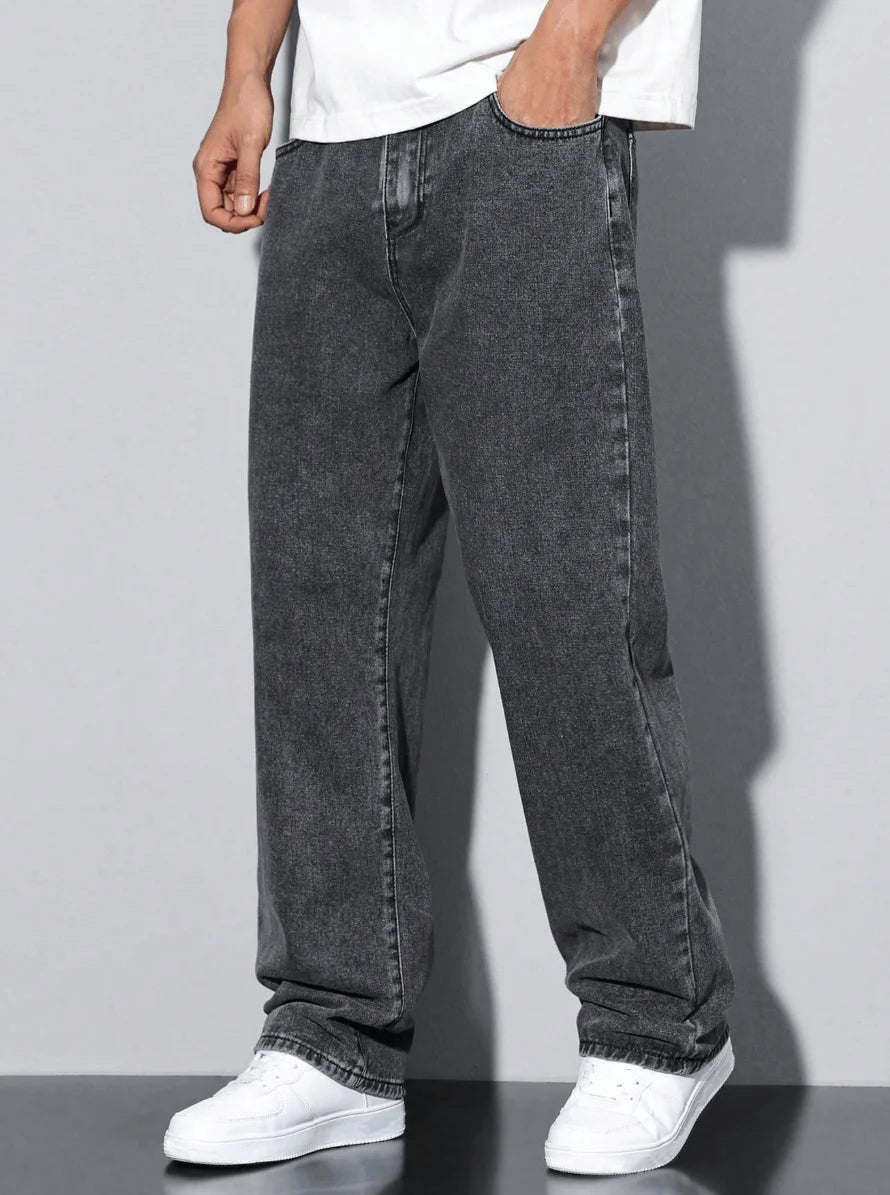 Men's Straight-Leg Jeans - Casual | Five-Pocket | Washed Grey | All-Season Comfort Mid-Rise Fit