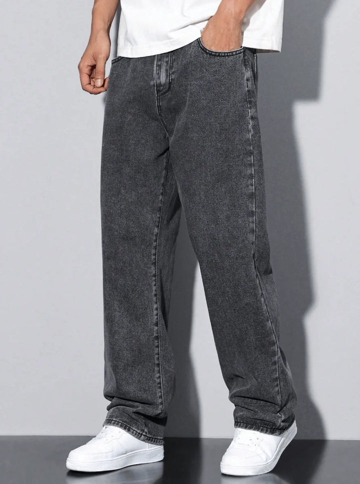 Men's Straight-Leg Jeans - Casual | Five-Pocket | Washed Grey | All-Season Comfort Mid-Rise Fit