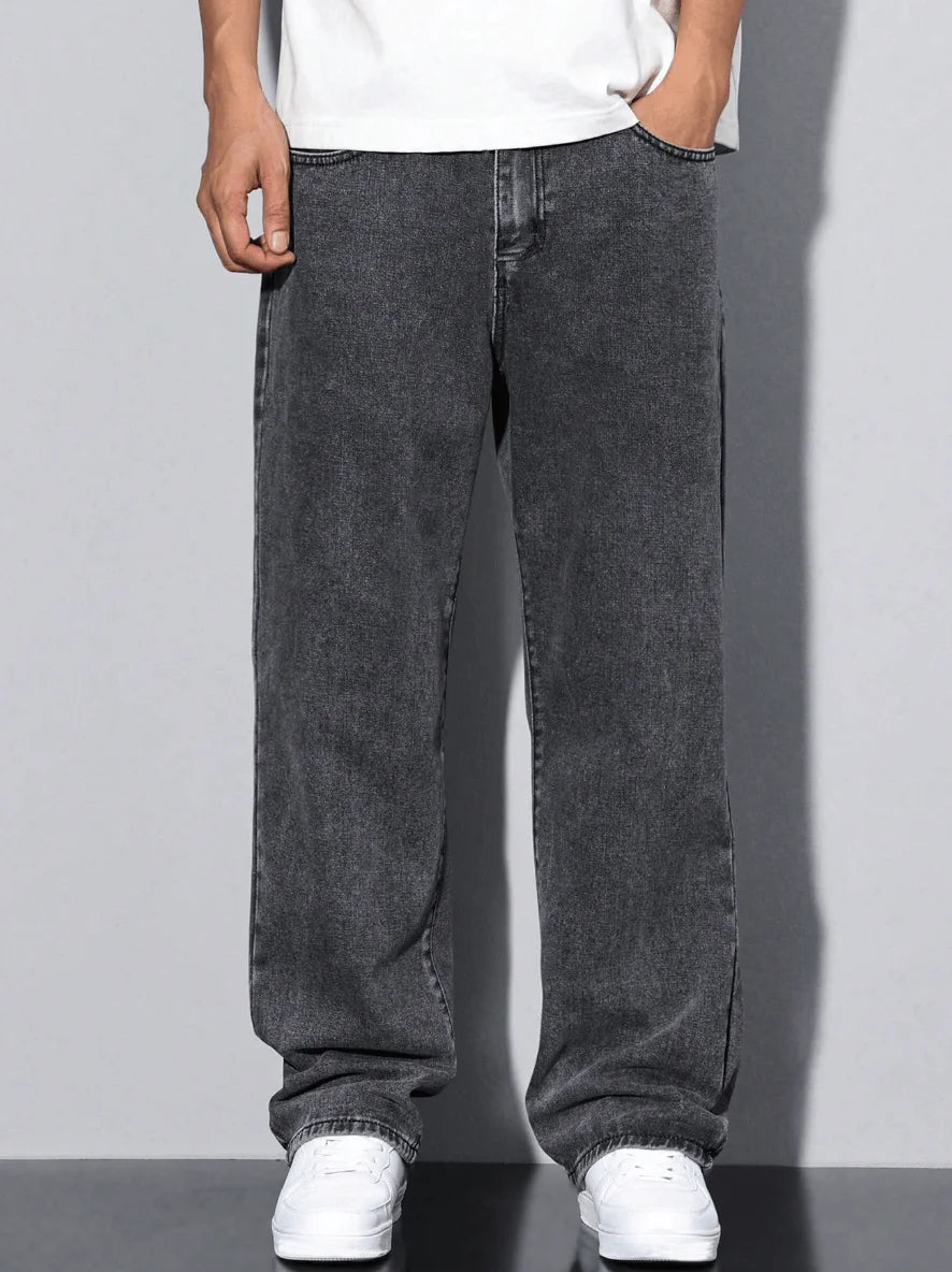 Men's Straight-Leg Jeans - Casual | Five-Pocket | Washed Grey | All-Season Comfort Mid-Rise Fit