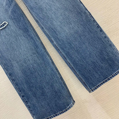 New Rivet Patchwork Straight Leg Wide Leg Jeans Fashion Casual Slim Pants Women