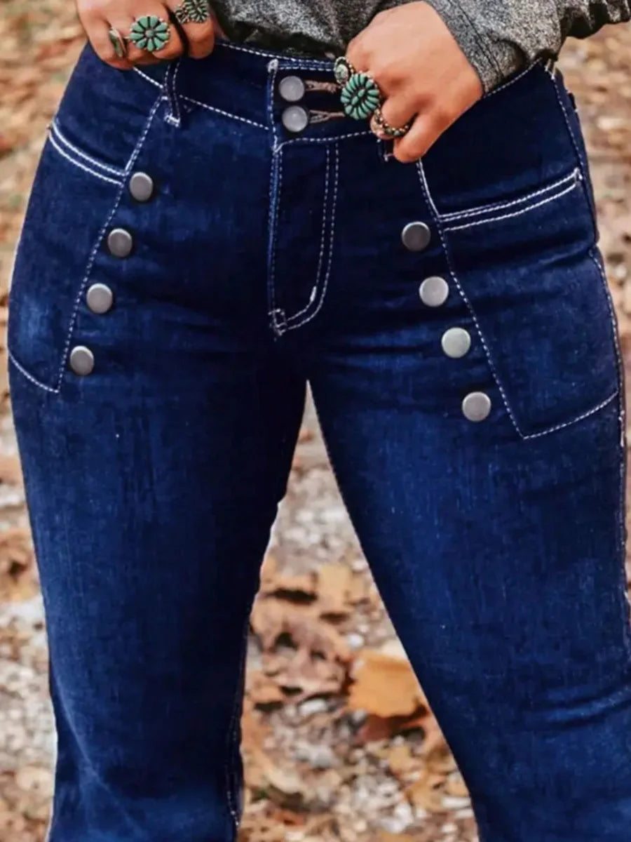 HME Y2K Double Breasted Flared Denim Jeans Cowgirl Butt Lifting High Waist Fashion Pants Women's Stretchy Tummy Control Trousers