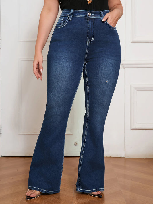 Women Plus Size High Waist Flare Jeans Vintage Stretch Denim Pants Slim Fit Casual Streetwear Retro Bootcut Long Trousers