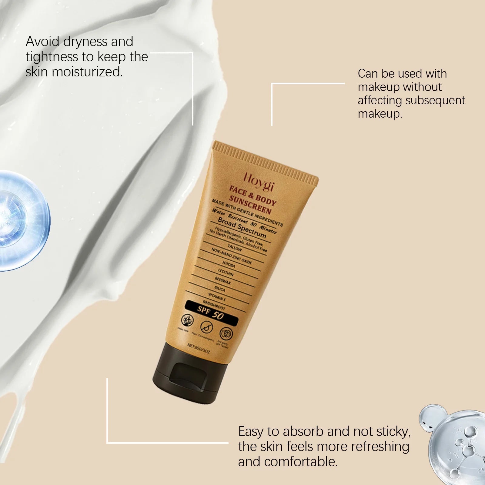 Hoygi 85g Beef Tallow Sunscreen Cream Spf50 Body Face Lasting Sun Protection Nourish Soothing Redness Refreshing Skin Sunscreen Halalzen