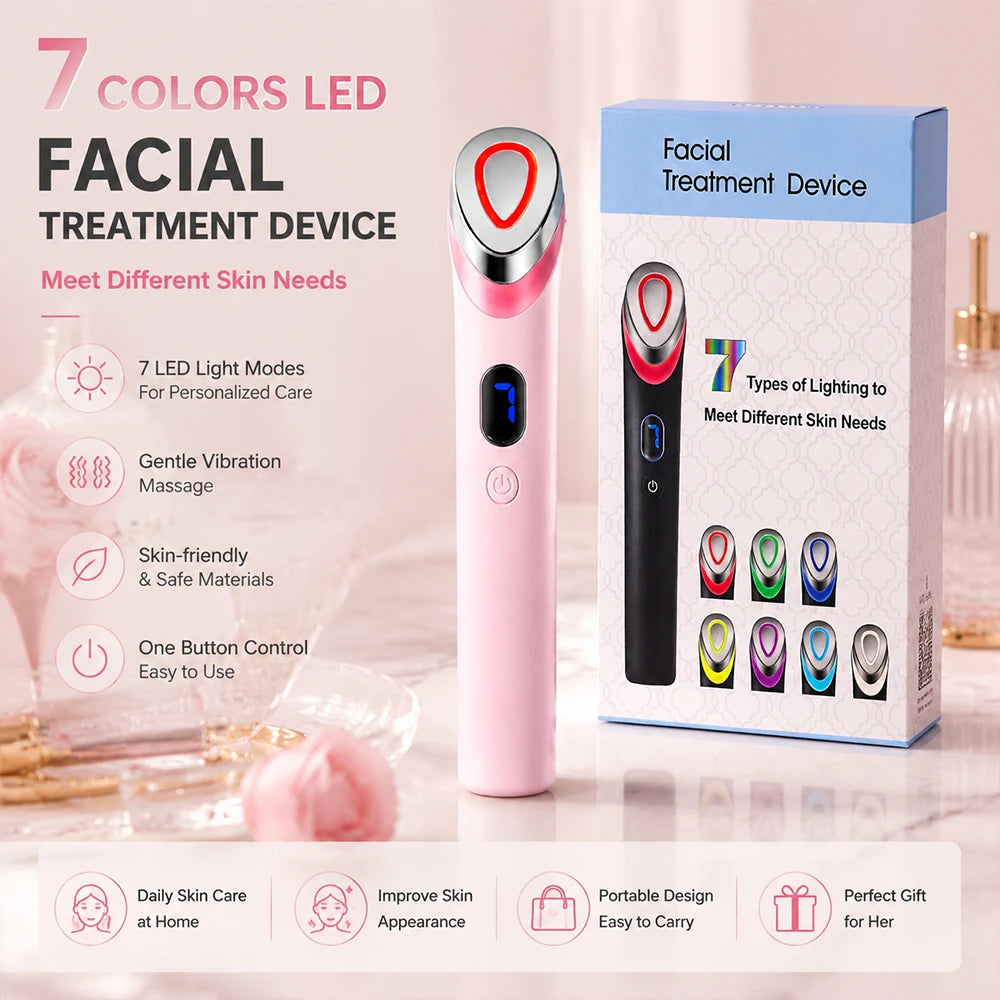 Portable Vibration Facial Massager with 7 Color LED Skin Care Tool USB Rechargeable Beauty Device