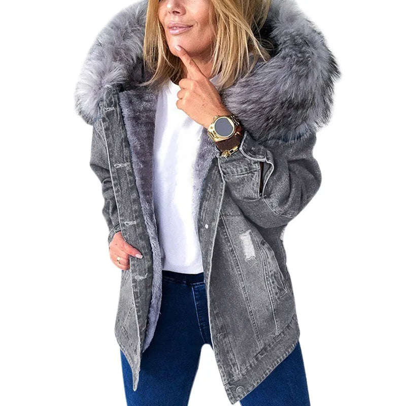 2024 Women Winter Denim Jackets Coat Fashion Plush Collar Warm Retro Fleece Lined Coat Women Chaquetas De Mezclilla Para Mujer