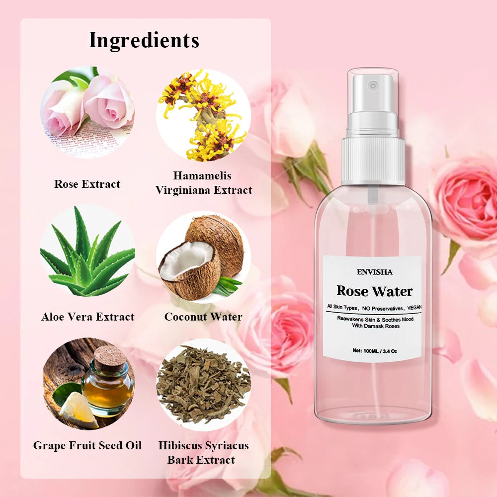 ENVISHA Rose Water For Face Facial Toner Organic Rose Petals Essence Moisturizing Serum Refresh Elastic Shrink Pores Skin Care Halalzen