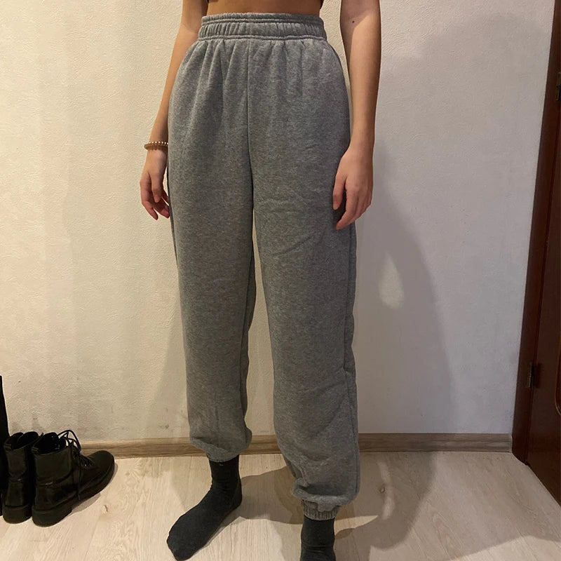 Women High Waist Casual Sweatpants Loose Elastic Waist Sports Pants Solid Sweatpants Baggy Ankle-length Trousers Black Gray