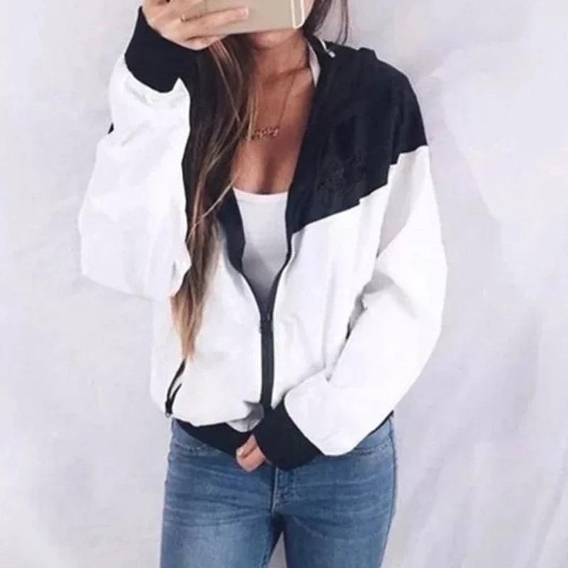 Loose Casual Hooded Zipper Jacket Women Fashion Coat With Pocket Autumn Stitching Long Sleeve Ladies Jacket