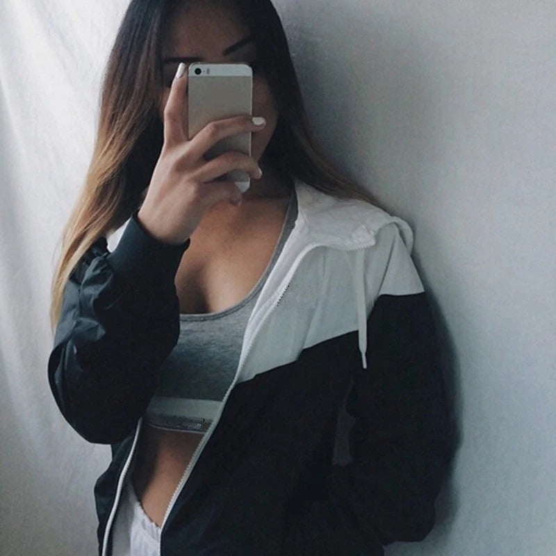 Loose Casual Hooded Zipper Jacket Women Fashion Coat With Pocket Autumn Stitching Long Sleeve Ladies Jacket