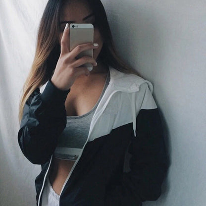 Loose Casual Hooded Zipper Jacket Women Fashion Coat With Pocket Autumn Stitching Long Sleeve Ladies Jacket