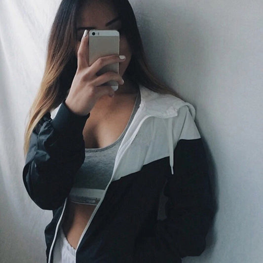 Loose Casual Hooded Zipper Jacket Women Fashion Coat With Pocket Autumn Stitching Long Sleeve Ladies Jacket