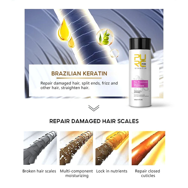 PURC Brazilian Keratin Treatment Cream Straightening Smoothing Hair Mask Sets Repair Damaged Frizz Dry Hair Care for Women 3pcs