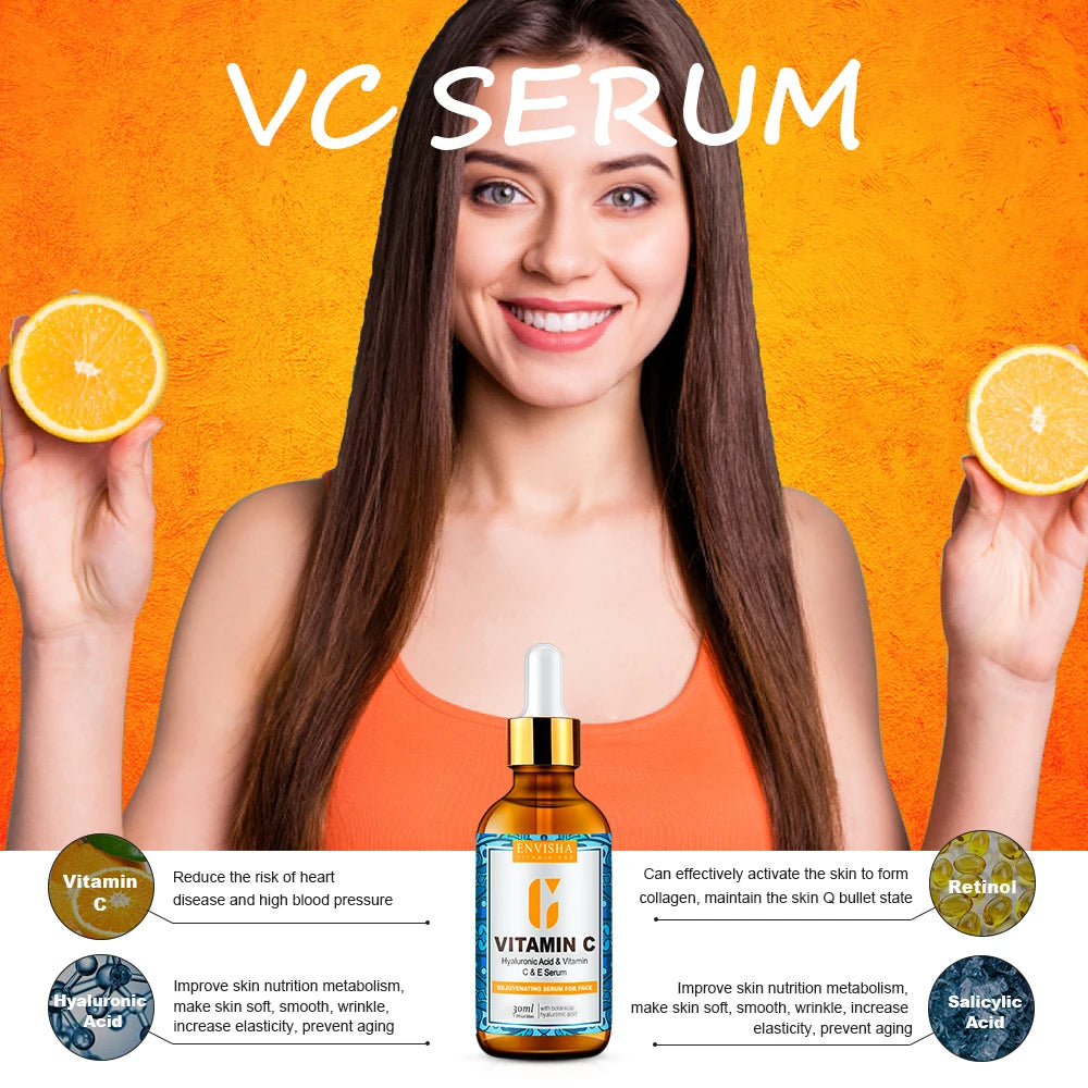 ENVISHA Face Serum Vitamin C Whitening Facial Care Skin Hyaluronic Acid Anti Aging Wrinkle Moisturizing Retinol Shrink Pores Halalzen