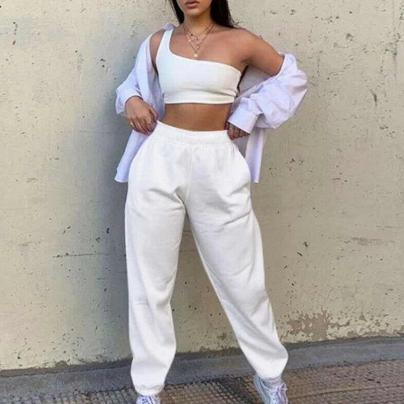 Women High Waist Casual Sweatpants Loose Elastic Waist Sports Pants Solid Sweatpants Baggy Ankle-length Trousers Black Gray