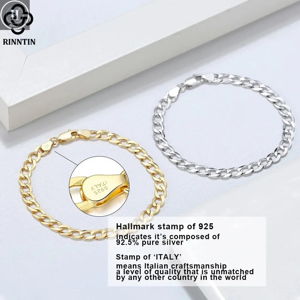 Rinntin 18K Gold Over 925 Sterling Silver 3mm Italian Cuban Chain Bracelet for Women Men Trendy Silver Bracelet Jewelry SB123 HALALZEN