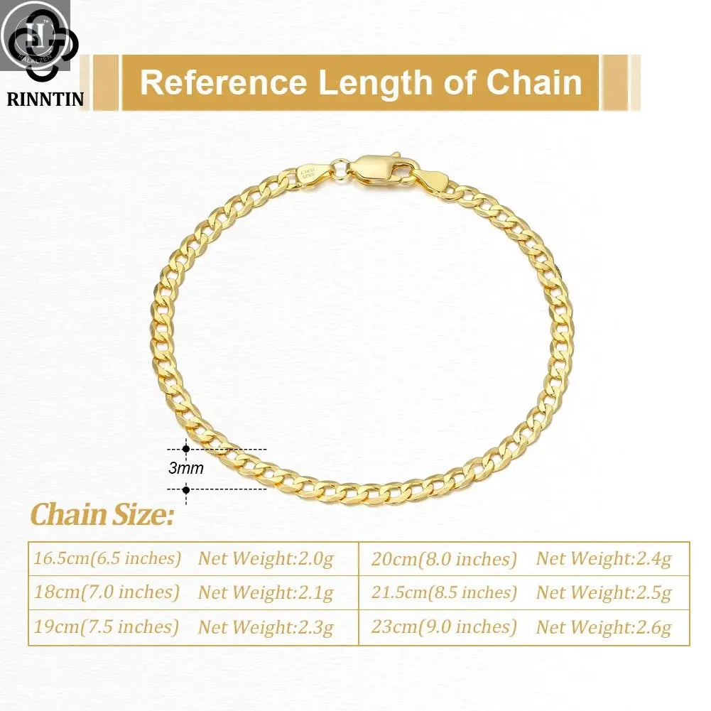 Rinntin 18K Gold Over 925 Sterling Silver 3mm Italian Cuban Chain Bracelet for Women Men Trendy Silver Bracelet Jewelry SB123 HALALZEN