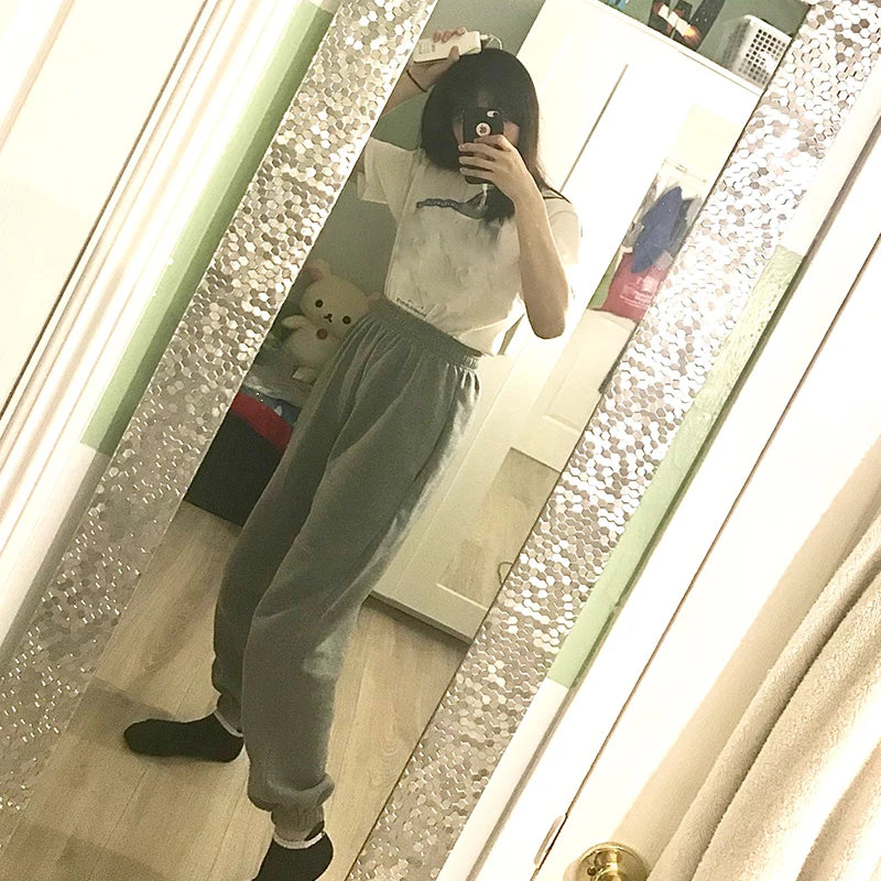 Women High Waist Casual Sweatpants Loose Elastic Waist Sports Pants Solid Sweatpants Baggy Ankle-length Trousers Black Gray
