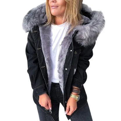 2024 Women Winter Denim Jackets Coat Fashion Plush Collar Warm Retro Fleece Lined Coat Women Chaquetas De Mezclilla Para Mujer