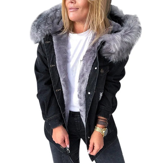2024 Women Winter Denim Jackets Coat Fashion Plush Collar Warm Retro Fleece Lined Coat Women Chaquetas De Mezclilla Para Mujer