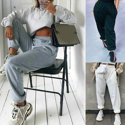 Women High Waist Casual Sweatpants Loose Elastic Waist Sports Pants Solid Sweatpants Baggy Ankle-length Trousers Black Gray