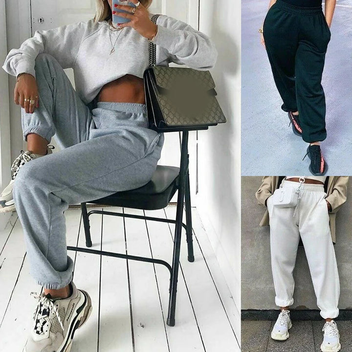 Damen-Jogginghose mit hohem Bund, locker geschnitten, mit elastischem Bund, Sporthose, einfarbig, knöchellang, schwarz-grau