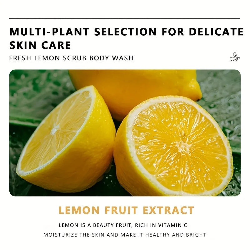 300ml Lemon Scrub Shower Gel, Alcohol-Free, Non-Greasy, Formaldehyde-Free, Rich in Citric Acid, Vitamin E, and Hyaluronic Acid, Suitable for All Light Beige Skin Types, with a Fresh Scent, Featuring Moisturizing, Nourishing, Halalzen