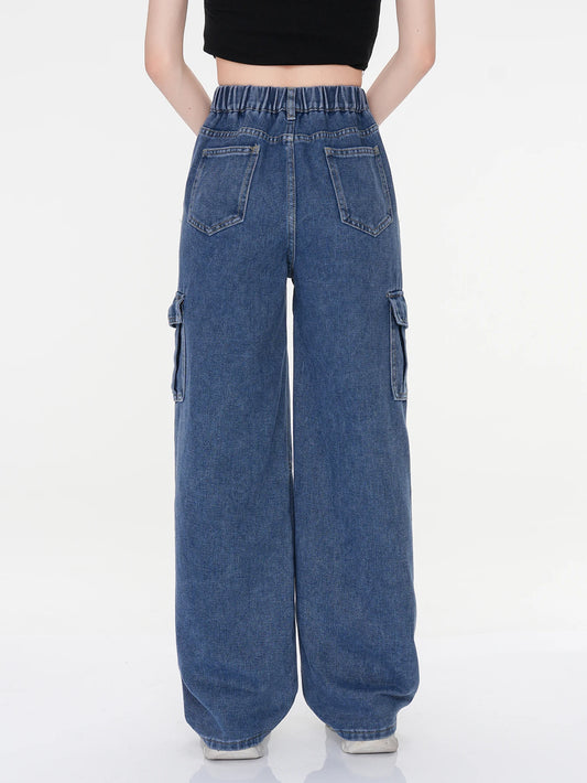Women's Vintage Washed Cargo Jeans - High Waist Straight Wide Leg Denim Pants for Girls, Casual Stretch Slimming College Style R