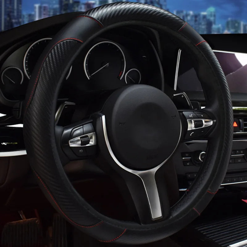 Carbon fiber pattern PU leather steering wheel cover with no inner ring design, full elasticity, anti slip and wear-resistant, m