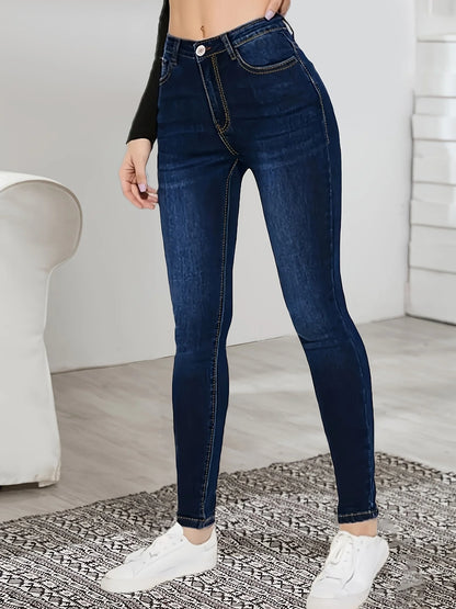 New dark blue women's high waist stretch skinny jeans