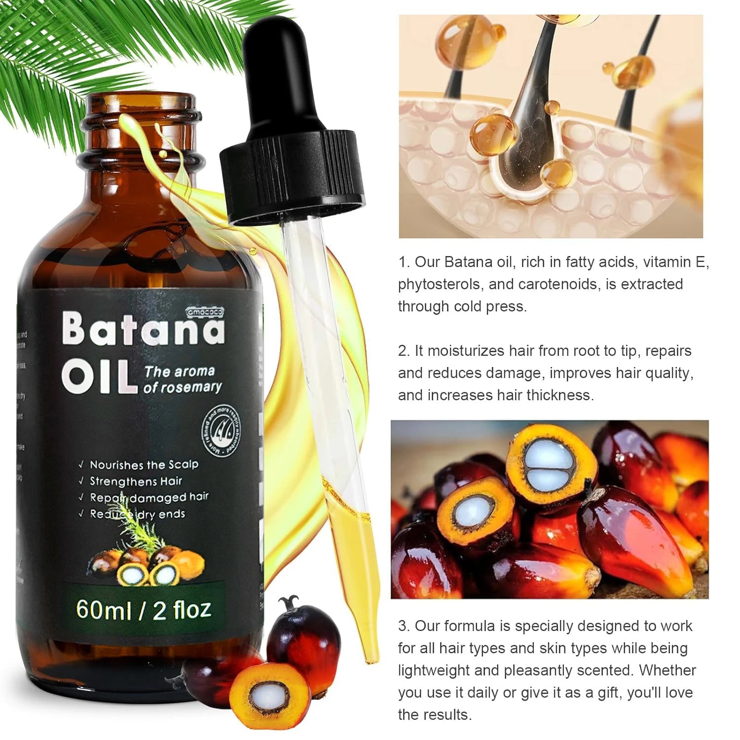 Amococo Batana Oil with Rosemary Hair Scalp Nourishing Oil Natural Hair Strengthening Serum for Dry Ends Frizz Control 60ml X 2 + 30ml X 1
