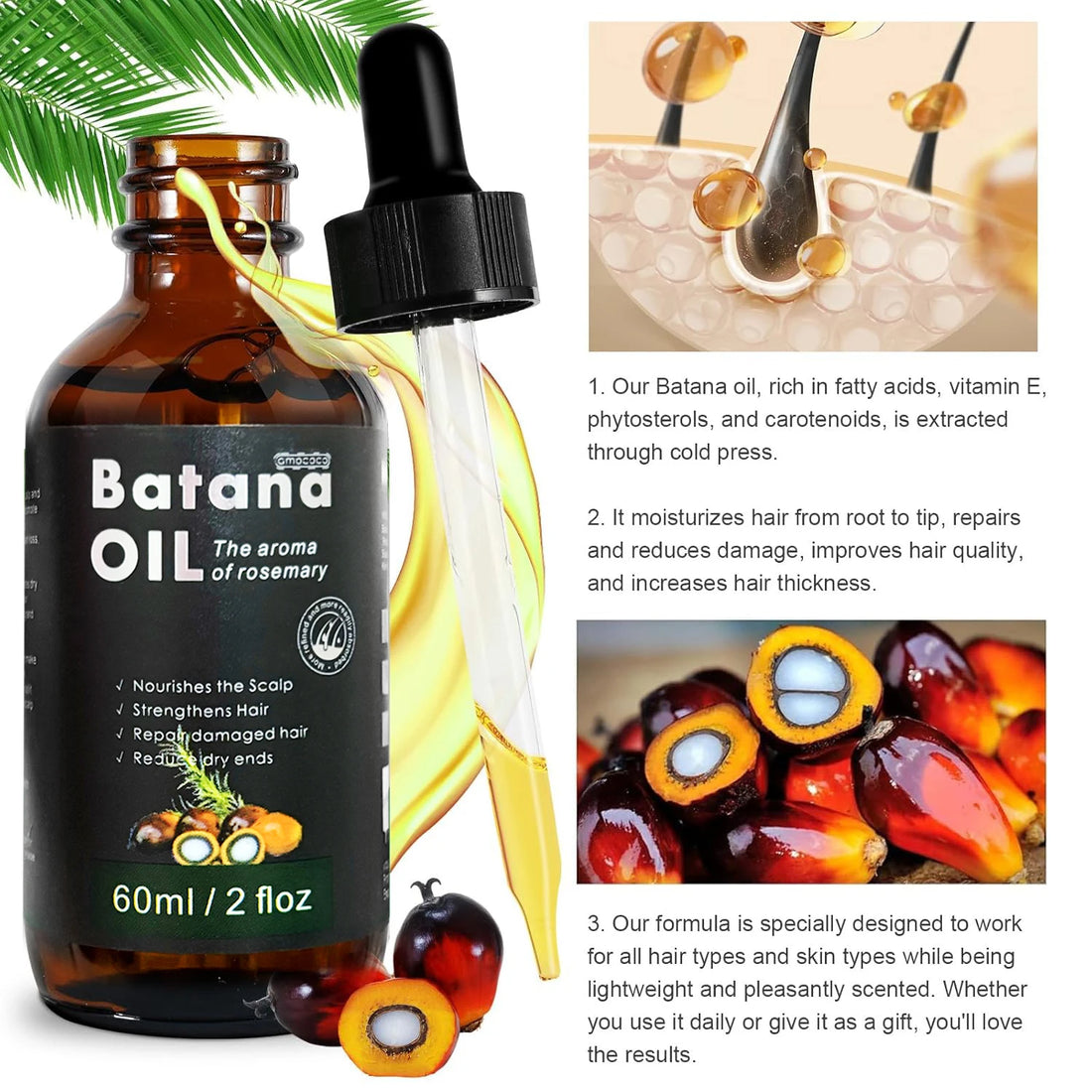Amococo Batana Oil with Rosemary Hair Scalp Nourishing Oil Natural Hair Strengthening Serum for Dry Ends Frizz Control 60ml X 2 + 30ml X 1