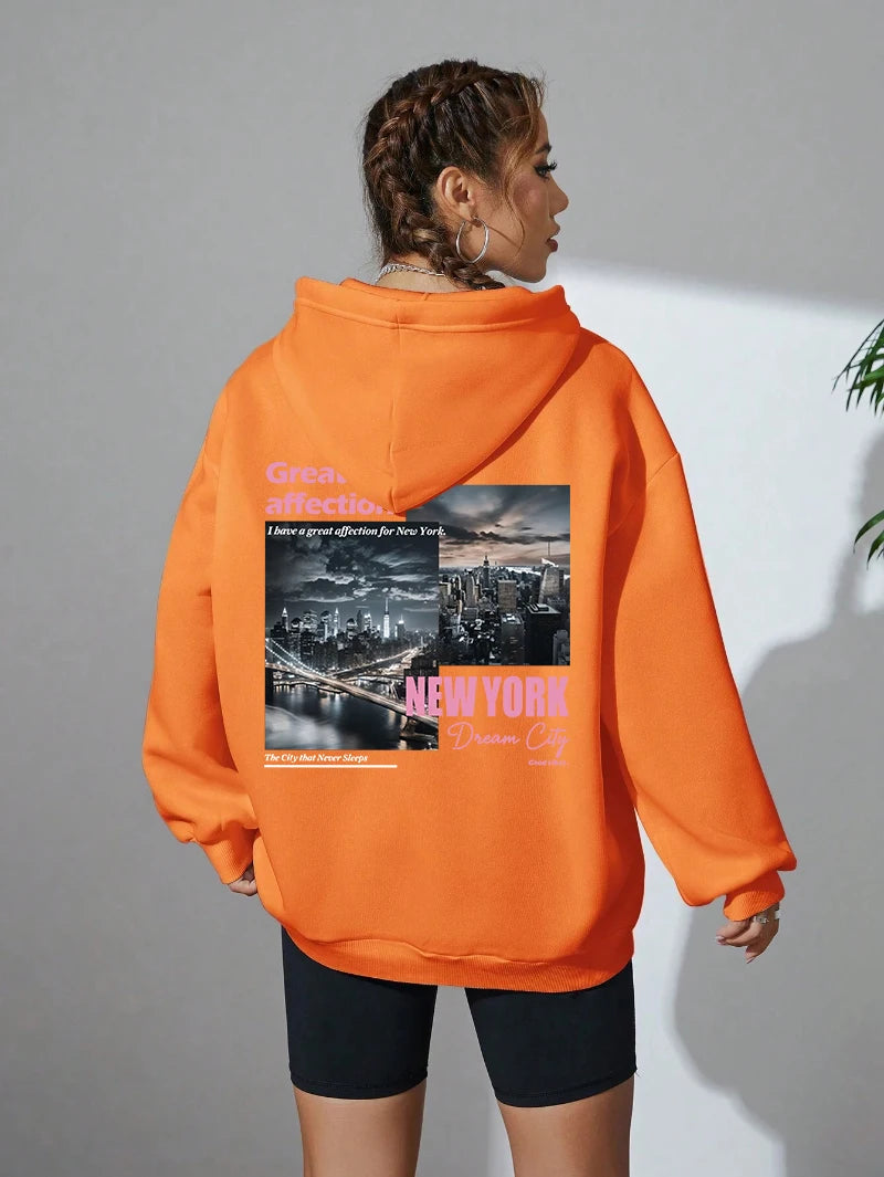 New York Dream City Printed Hoodies Casual Fashion Women Pullover Fleece Warm Pocket Sweatshirt Sporty Oversize Street Clothes