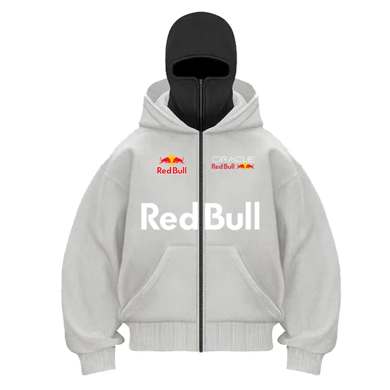 Red Bull Logo Winter Motorcycle Jacket Double Hat Design Loose Fit Windproof Hoodie Ninja Mask Sportswear Versatile Winter Outer