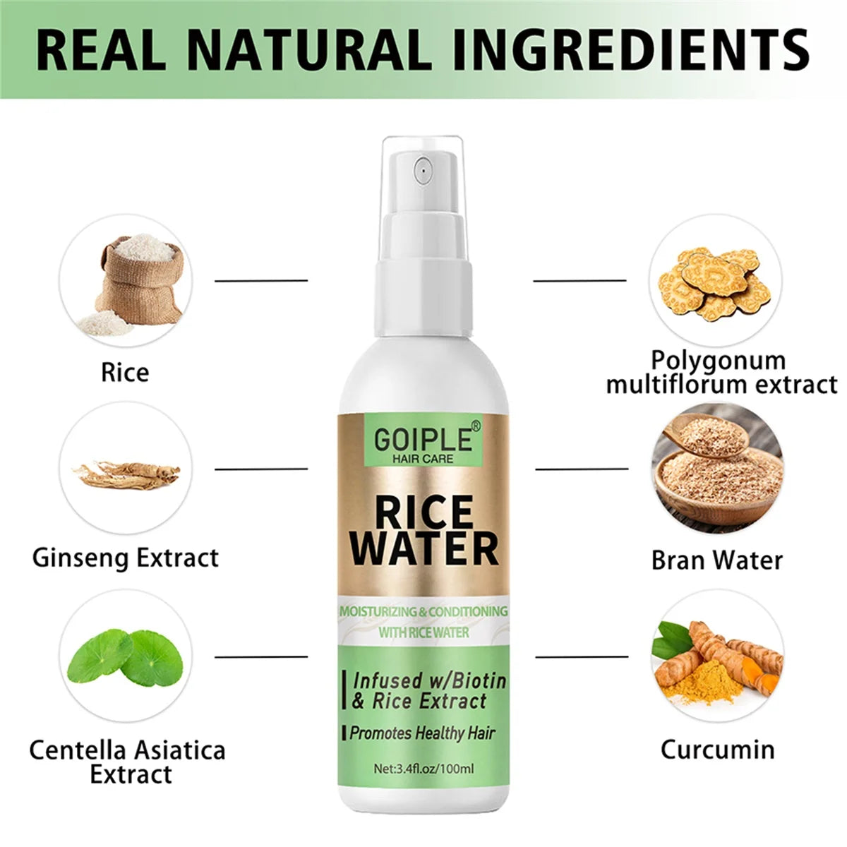 GOIPLE 100ml Rice Water Repair Dry Frizzy Damaged Refreshing Balance Scalp Nourish Roots Smooth Anti-loss Hair Growth Spray