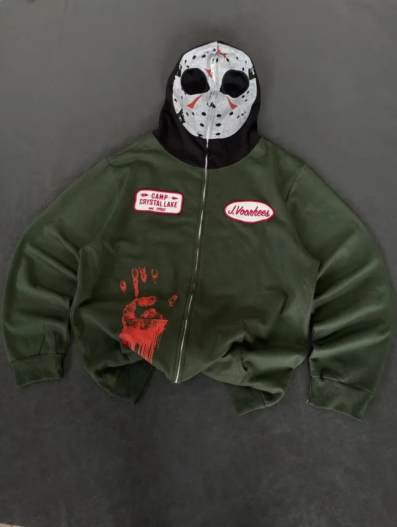American Goth Harajuku full zipper mask pattern men hoodie Y2K high street palm dark green clothing fashion casual sportswear
