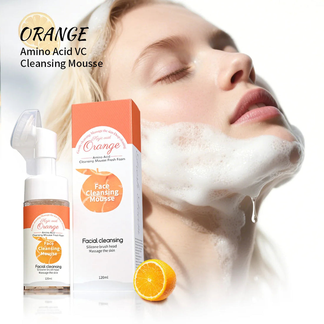 Vc Orange Cleansing Mousse, Silicone Soft Brush Head Cleanses Face, Natural Ingredients Gently Moisturize Skin Halalzen
