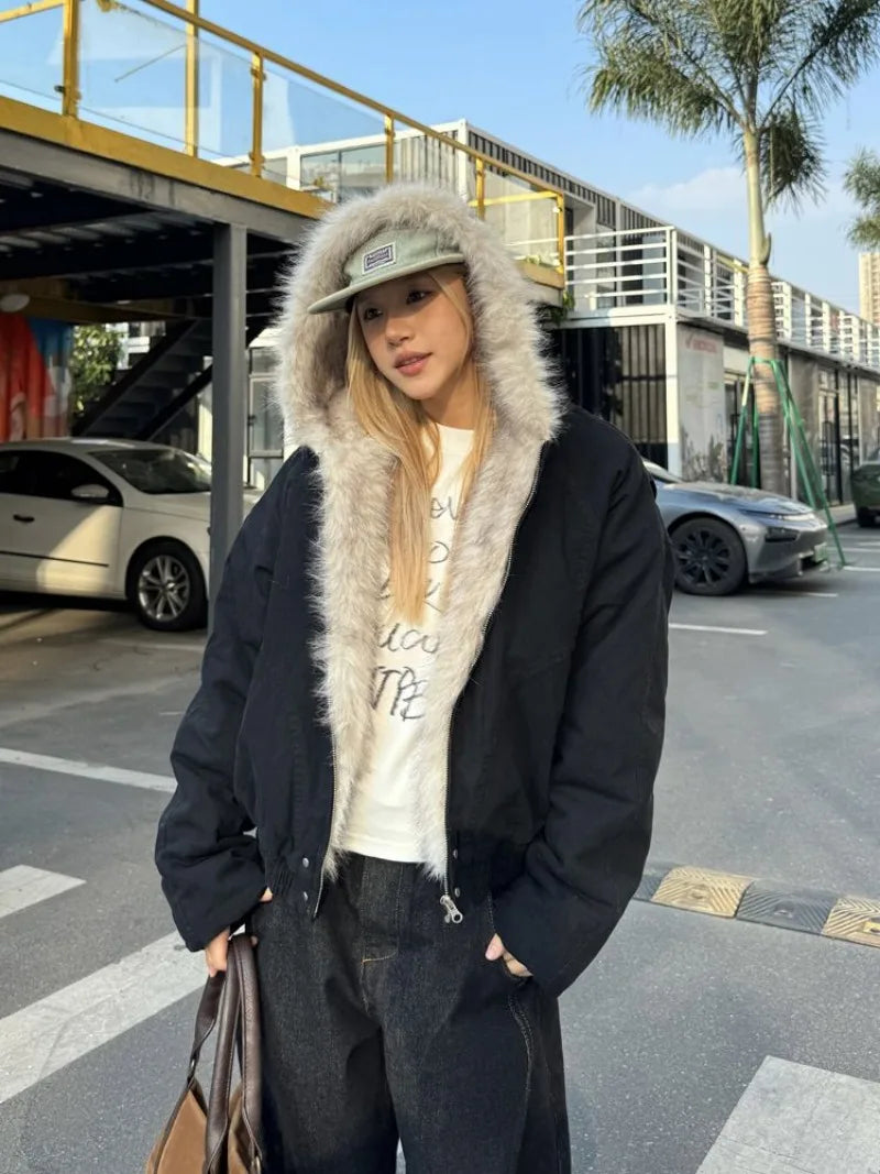 American Retro Fur Collar Hooded Jacket Women Y2K Streetwear Winter New Velvet Thickened Warm Harajuku Loose Casual Jacket