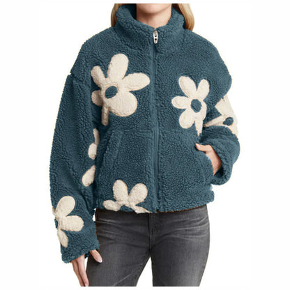Womens Floral Fleece Jackets Winter Zipper Cropped Coat Casual Long Sleeve Outwear With Pockets Cute Plush Jacket For Women