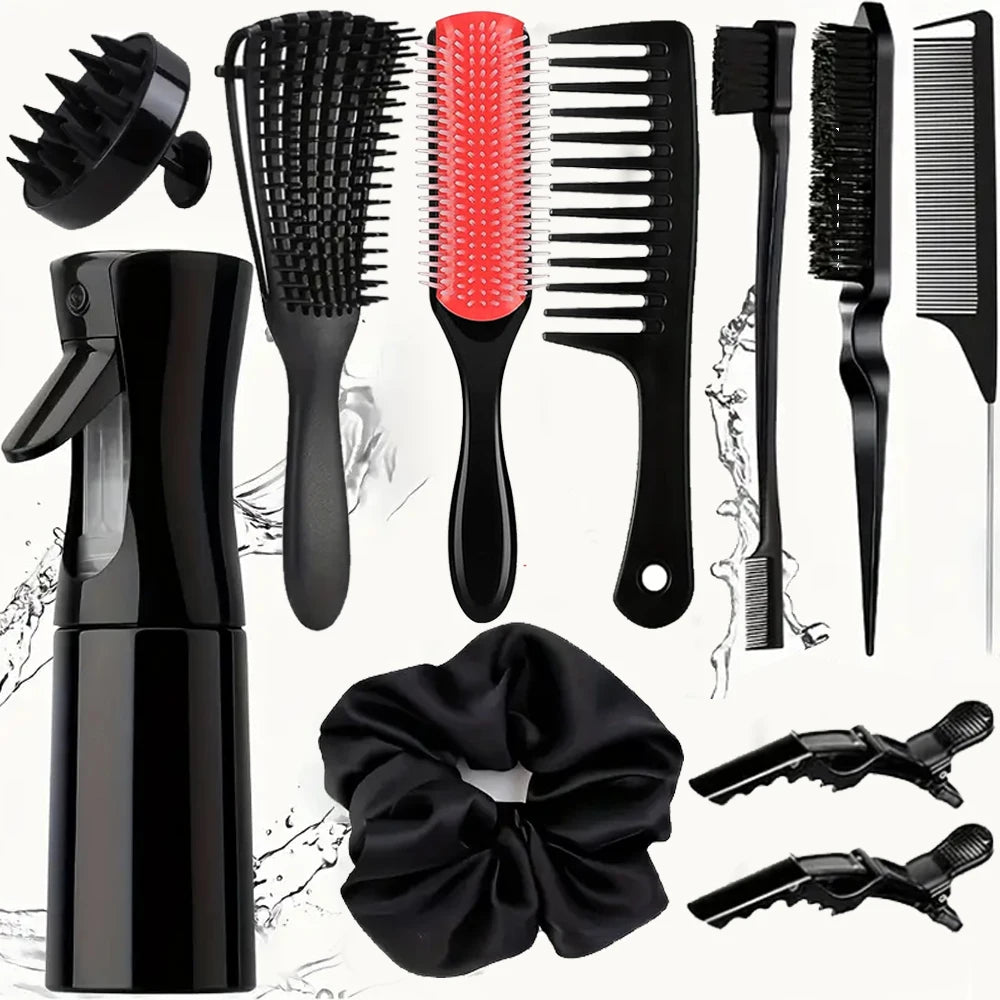 11pcs Hair Care Kit for Wet Dry Curly Hair - Curl Enhancing Unscented Styling Tools Set with Mist Bottle, Hair Brush, Wide Tooth