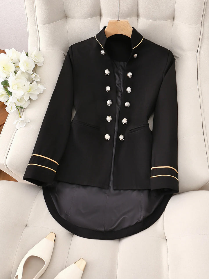 Elegant Black Double-Breasted Blazer with Golden Buttons -Long Sleeves, Polyester Fabric, Perfect for Spring/Fall, Formal Attire